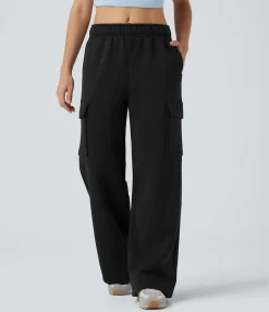 Cargo Pants|Wide-Leg Pants<HALARA Mid Rise Fleece Cargo Wide Leg Casual Pants with Pockets