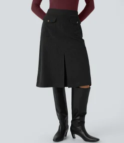 Casual Skirts|Maxi & Midi Skirts<HALARA Mid Rise Front Side Flap Pocket Midi Corduroy Casual Skirt