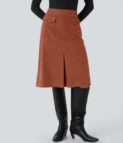 Casual Skirts|Maxi & Midi Skirts<HALARA Mid Rise Front Side Flap Pocket Midi Corduroy Casual Skirt