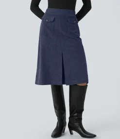 Casual Skirts|Maxi & Midi Skirts<HALARA Mid Rise Front Side Flap Pocket Midi Corduroy Casual Skirt