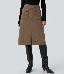 Casual Skirts|Maxi & Midi Skirts<HALARA Mid Rise Front Side Flap Pocket Midi Corduroy Casual Skirt