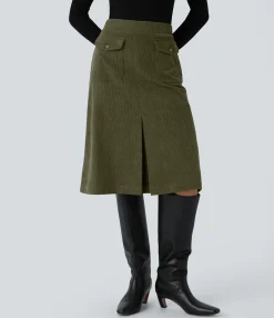 Casual Skirts|Maxi & Midi Skirts<HALARA Mid Rise Front Side Flap Pocket Midi Corduroy Casual Skirt