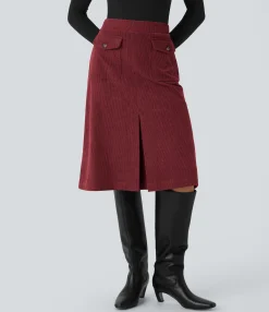 Casual Skirts|Maxi & Midi Skirts<HALARA Mid Rise Front Side Flap Pocket Midi Corduroy Casual Skirt