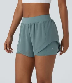 Active Shorts<HALARA Mid Rise 2-in-1 Pocket Contrast Mesh Curved Hem Yoga Shorts 3''