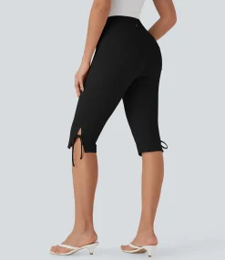 Pants<HALARA Mid Rise Lace Up Capri Casual Pants with Pockets