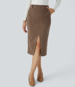 Maxi & Midi Skirts|Casual Skirts<HALARA Mid Rise Pocket Midi Corduroy Casual Skirt