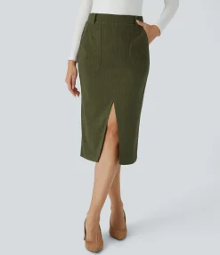 Maxi & Midi Skirts|Casual Skirts<HALARA Mid Rise Pocket Midi Corduroy Casual Skirt