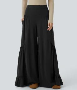 Pants|Wide-Leg Pants<HALARA Mid Rise Pocket Ruffle Hem Wide Leg Palazzo Casual Pants