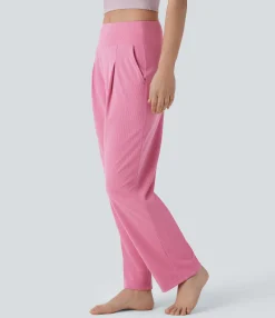 Straight-Leg Pants|Pants<HALARA Mid Rise Pocket Straight Leg Waffle Yoga Pants