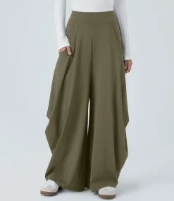 Wide-Leg Pants|Pants<HALARA Mid Rise Pockets Draped Wide Leg Casual Pants