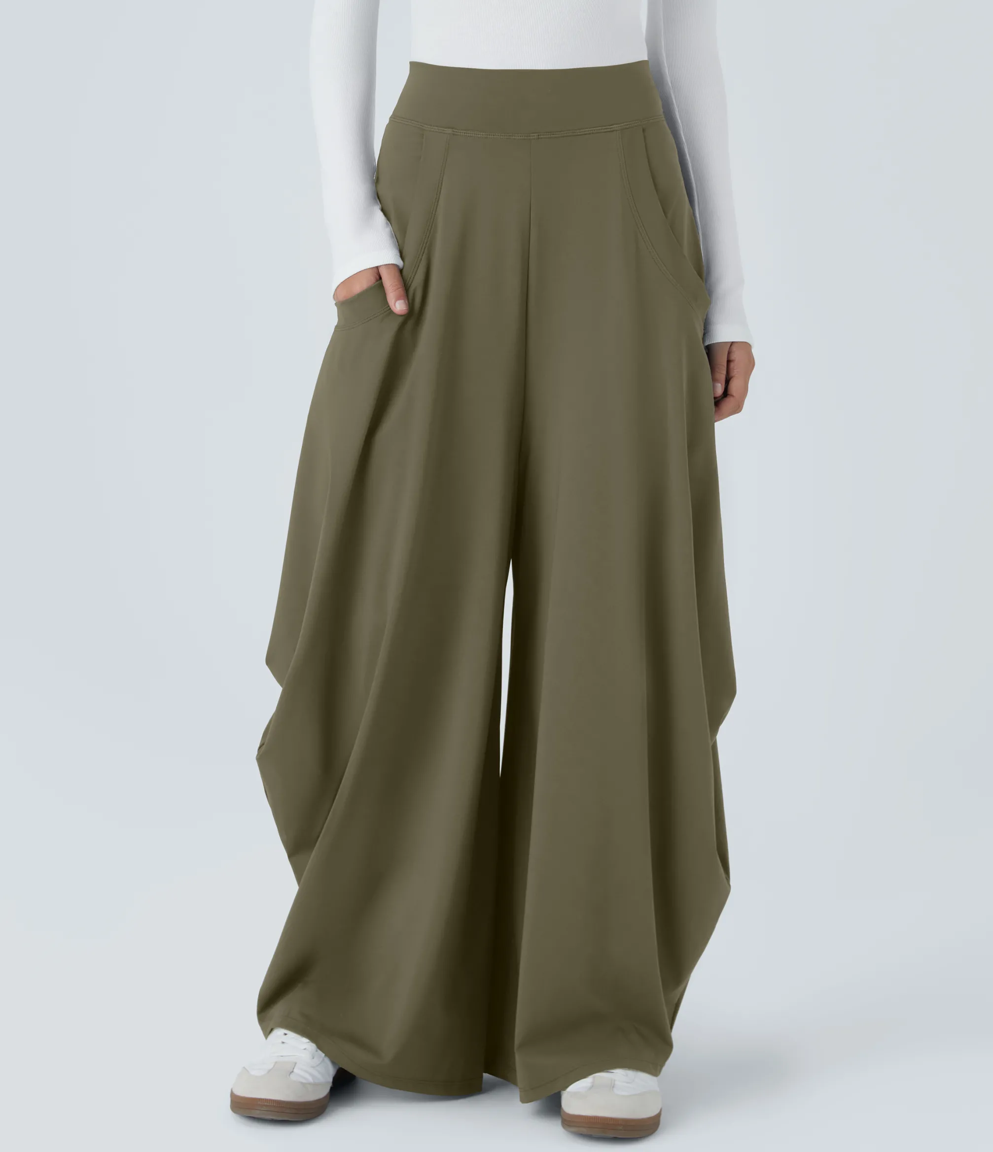 Wide-Leg Pants|Pants<HALARA Mid Rise Pockets Draped Wide Leg Casual Pants