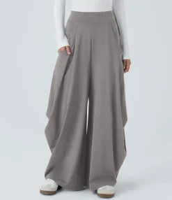 Wide-Leg Pants|Pants<HALARA Mid Rise Pockets Draped Wide Leg Casual Pants
