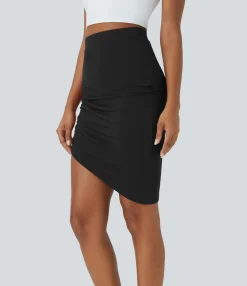Mini Skirts|Casual Skirts<HALARA Mid Rise Ruched Asymmetric Hem Bodycon Mini Casual Skirt