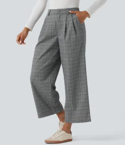 Straight-Leg Pants|Work Pants<HALARA Mid Rise Straight Leg Houndstooth Work 7/8 Pants with Pockets