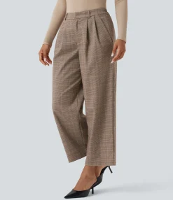 Straight-Leg Pants|Work Pants<HALARA Mid Rise Straight Leg Houndstooth Work 7/8 Pants with Pockets