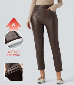 Pants<HALARA Mid Rise Stretchy PU Fleece 7/8 Casual Tapered Pants with Pockets