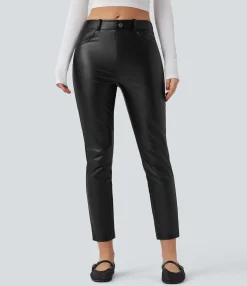 Pants<HALARA Mid Rise Stretchy PU Fleece 7/8 Casual Tapered Pants with Pockets