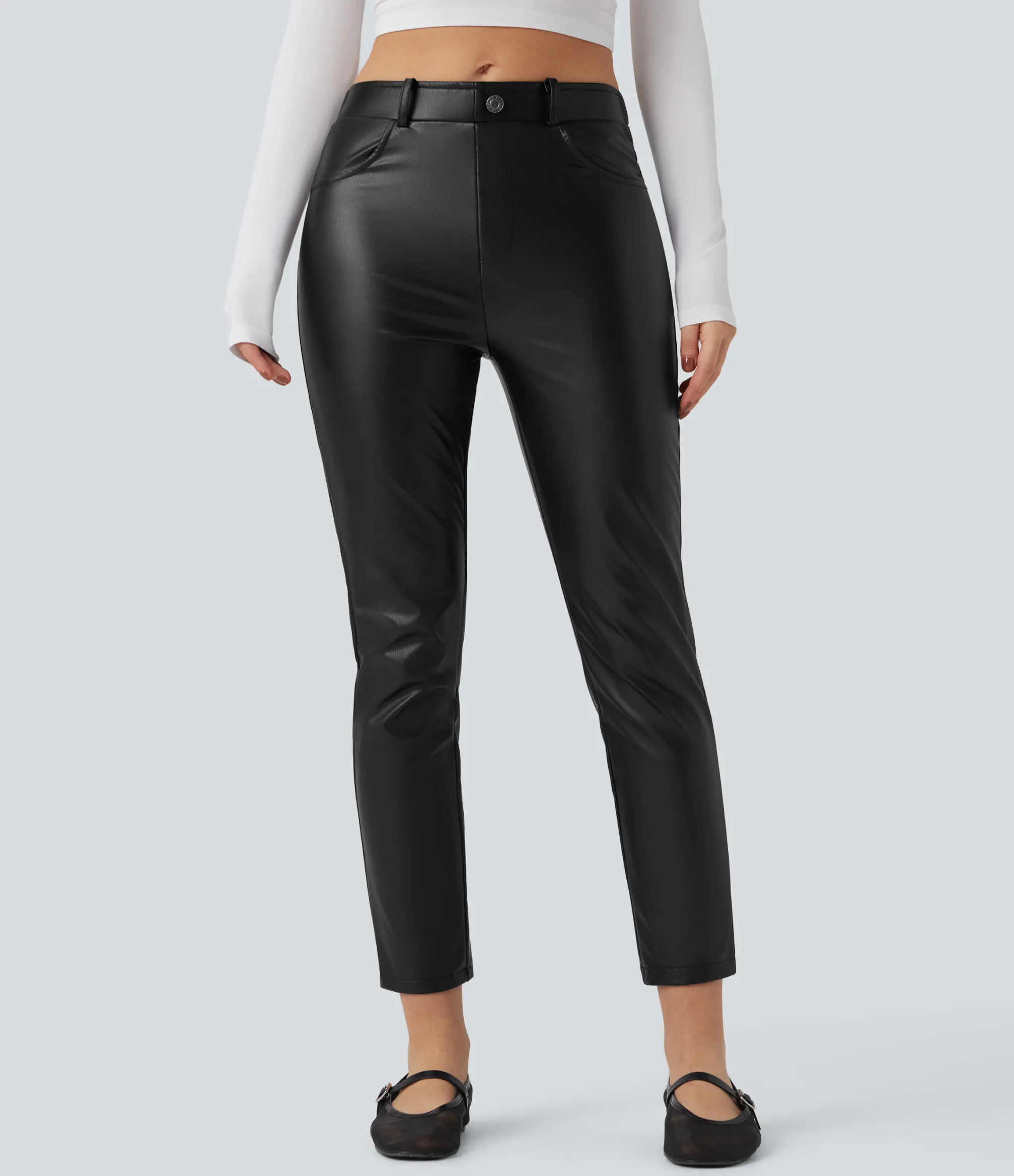 Pants<HALARA Mid Rise Stretchy PU Fleece 7/8 Casual Tapered Pants with Pockets