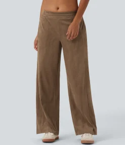 Pants<HALARA Mid Rise Suede Casual Baggy Pants with Pockets