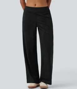 Pants<HALARA Mid Rise Suede Casual Baggy Pants with Pockets