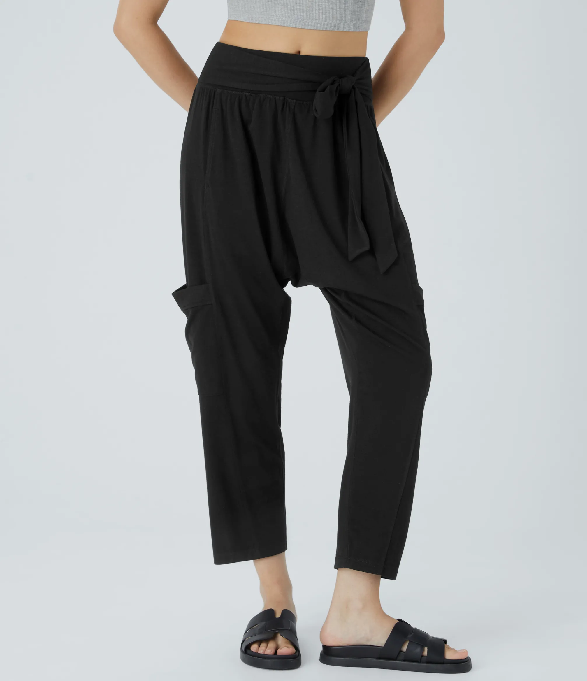 Pants<HALARA Mid Rise Tie Pockets Casual Harem Pants