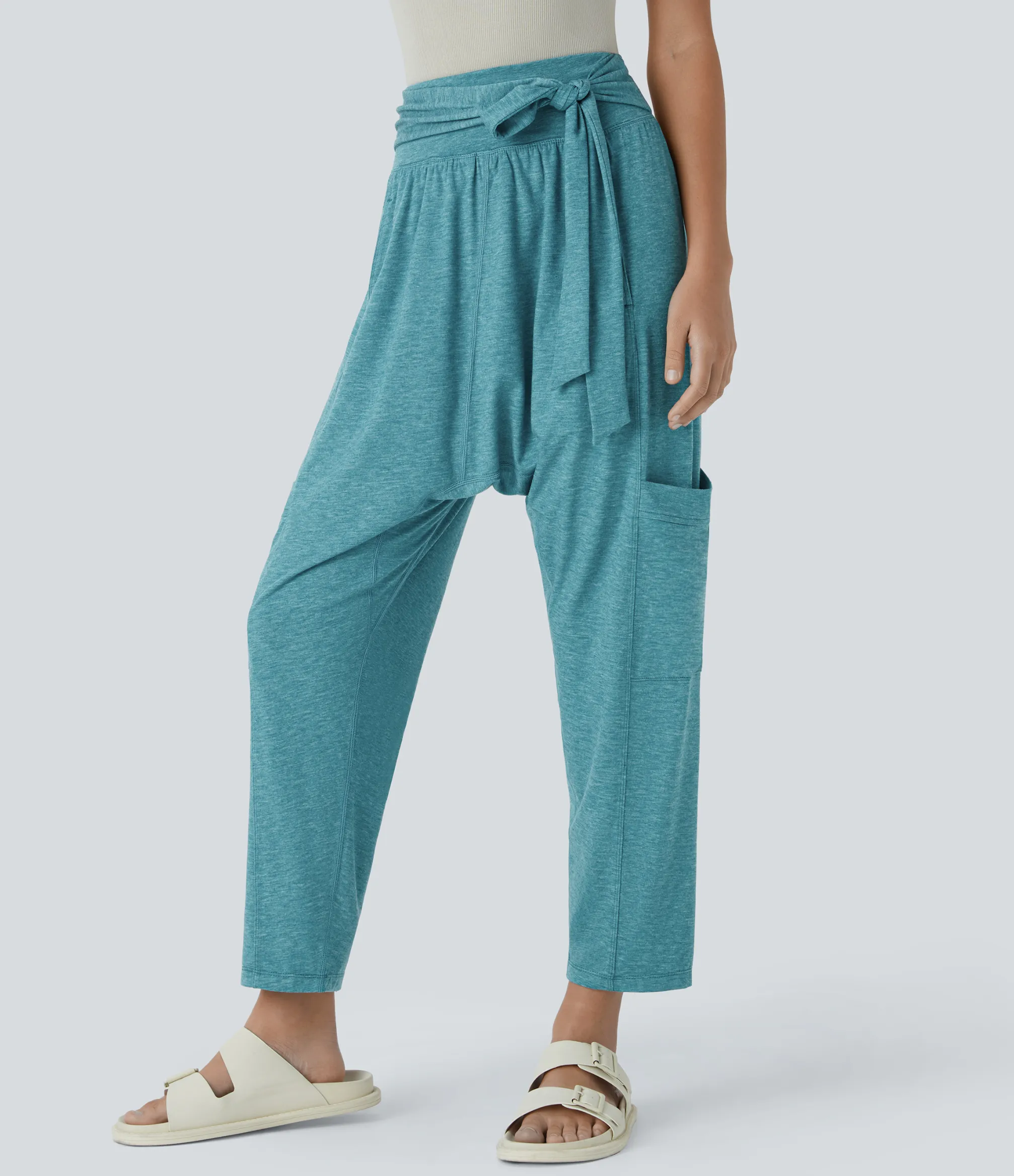 Pants<HALARA Mid Rise Tie Pockets Casual Harem Pants