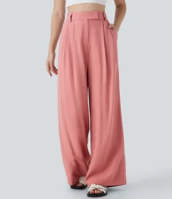 Wide-Leg Pants|Pants<HALARA Mid Rise Wide Leg Casual Linen-Feel Pants with Pockets
