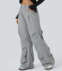 Pants<HALARA Mid Rise Zipper Pocket Casual Parachute Pants