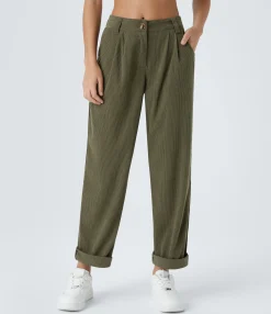 Pants<HALARA Mid Rise Zipper Pocket Corduroy Casual Pants