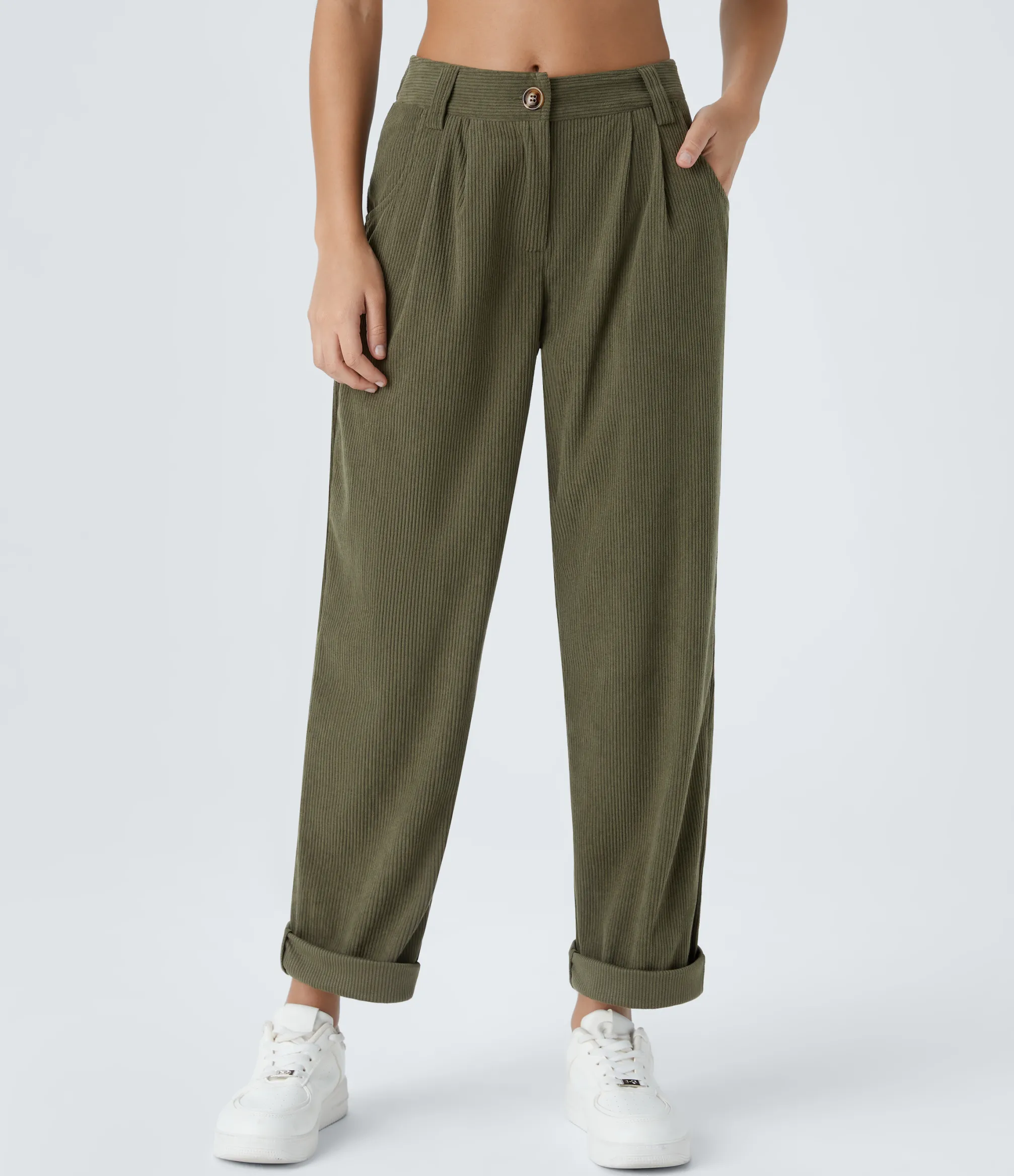 Pants<HALARA Mid Rise Zipper Pocket Corduroy Casual Pants
