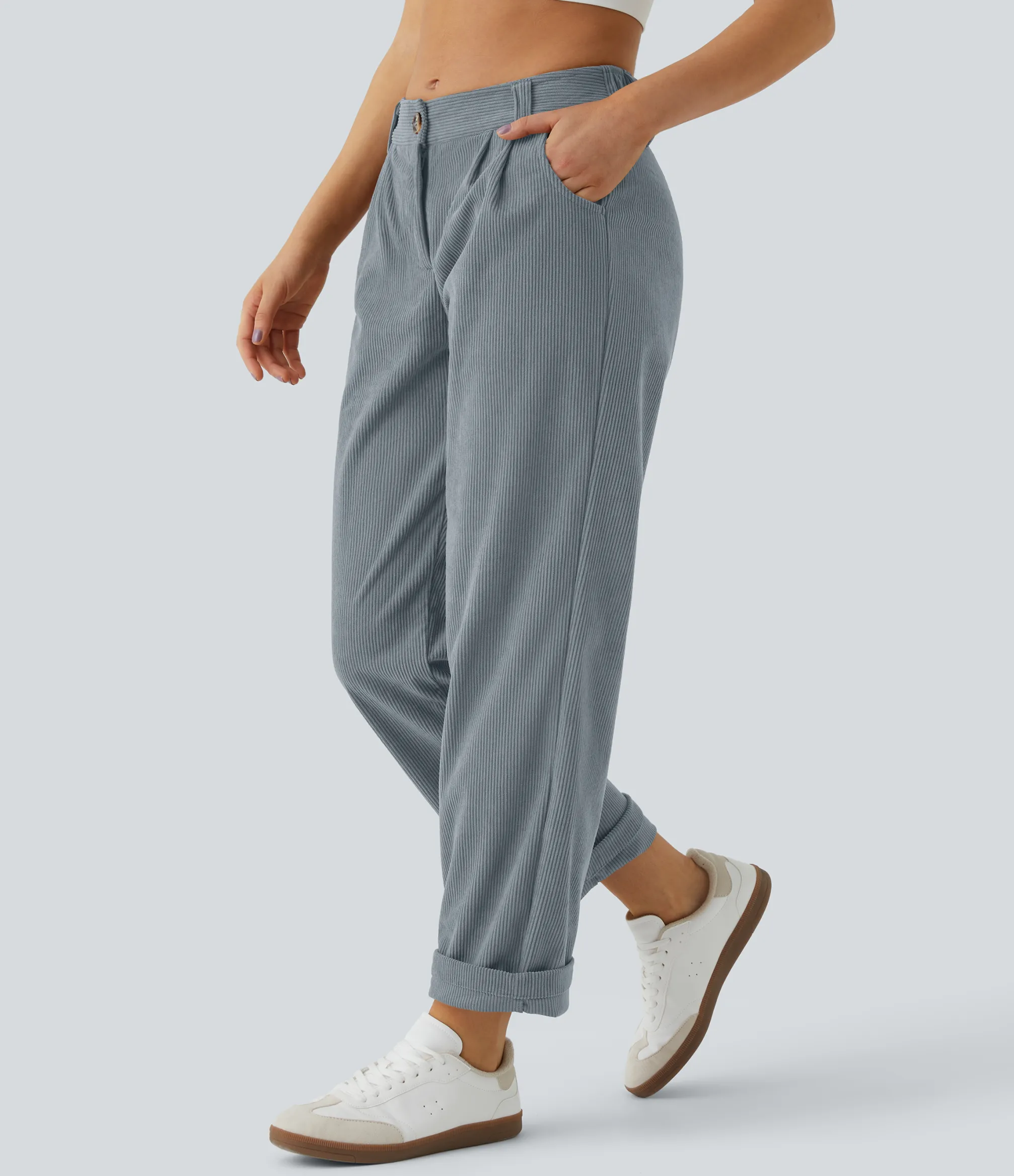 Pants<HALARA Mid Rise Zipper Pocket Corduroy Casual Pants
