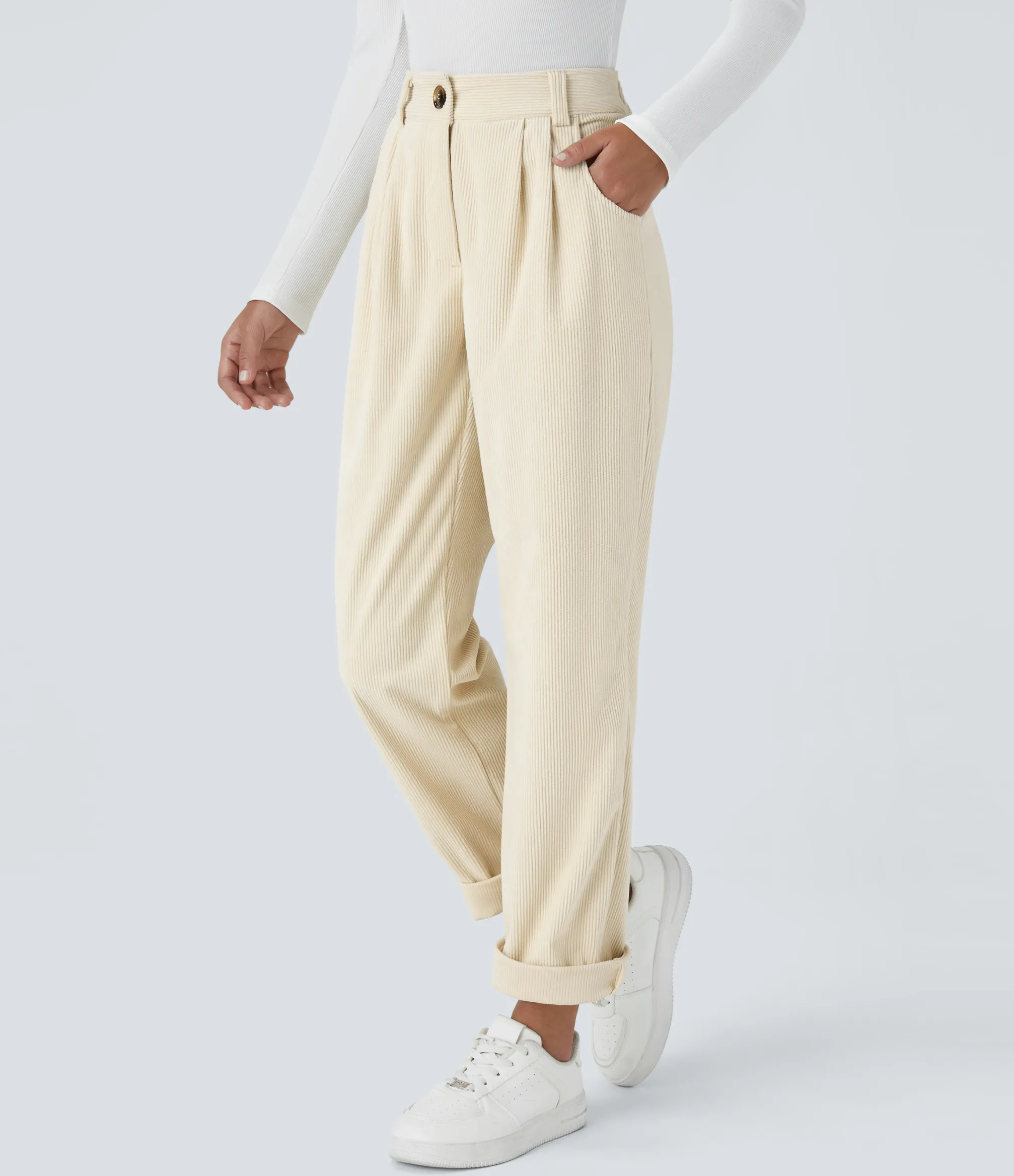 Pants<HALARA Mid Rise Zipper Pocket Corduroy Casual Pants