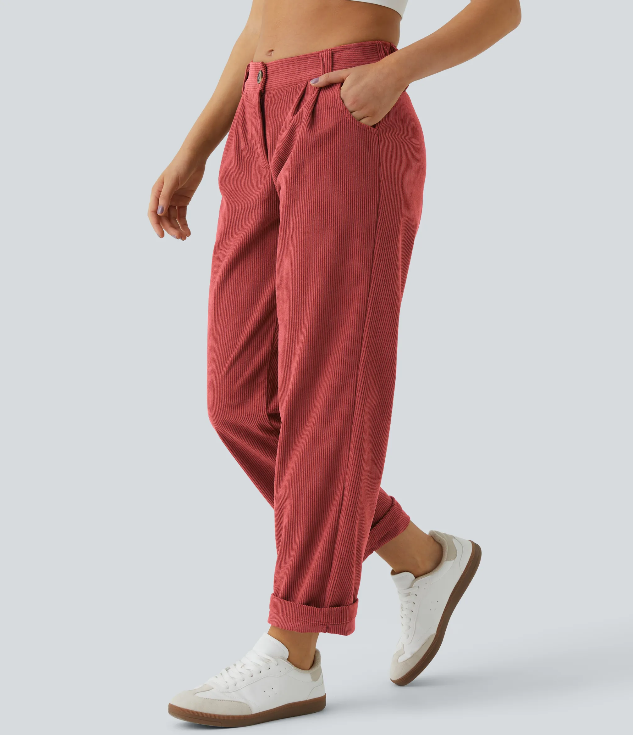 Pants<HALARA Mid Rise Zipper Pocket Corduroy Casual Pants