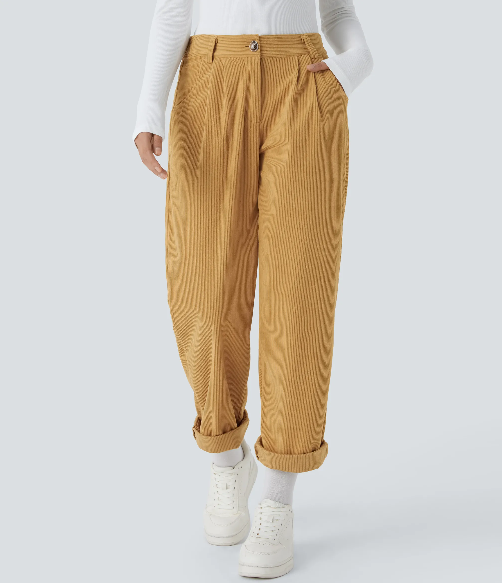 Pants<HALARA Mid Rise Zipper Pocket Corduroy Casual Pants