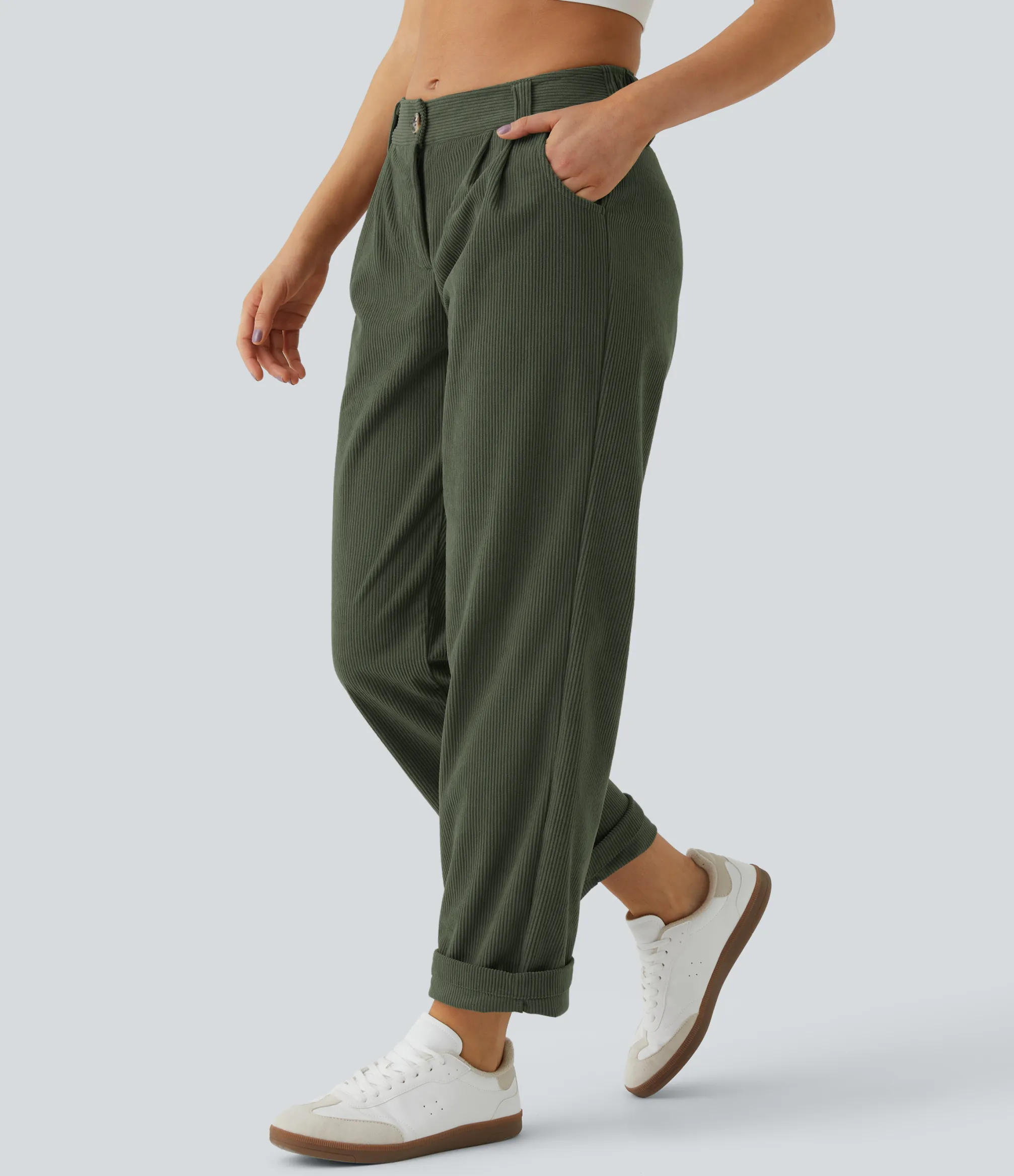 Pants<HALARA Mid Rise Zipper Pocket Corduroy Casual Pants