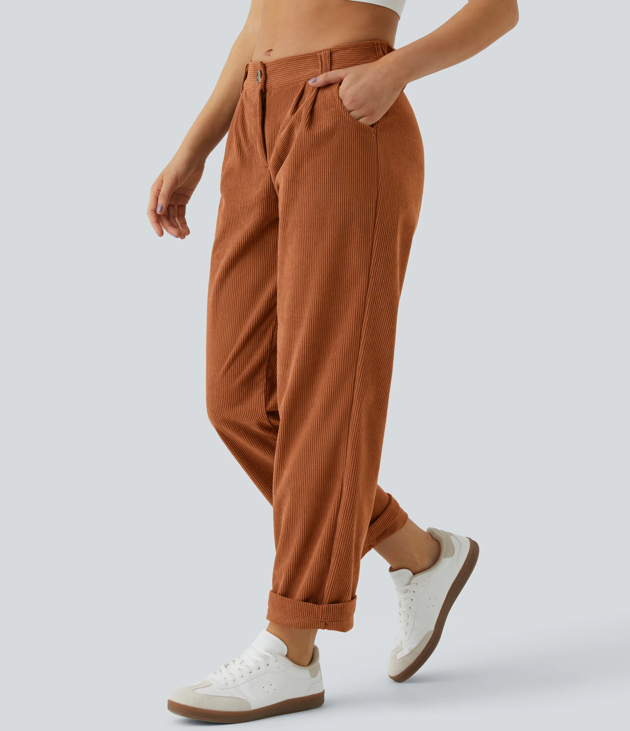 Pants<HALARA Mid Rise Zipper Pocket Corduroy Casual Pants
