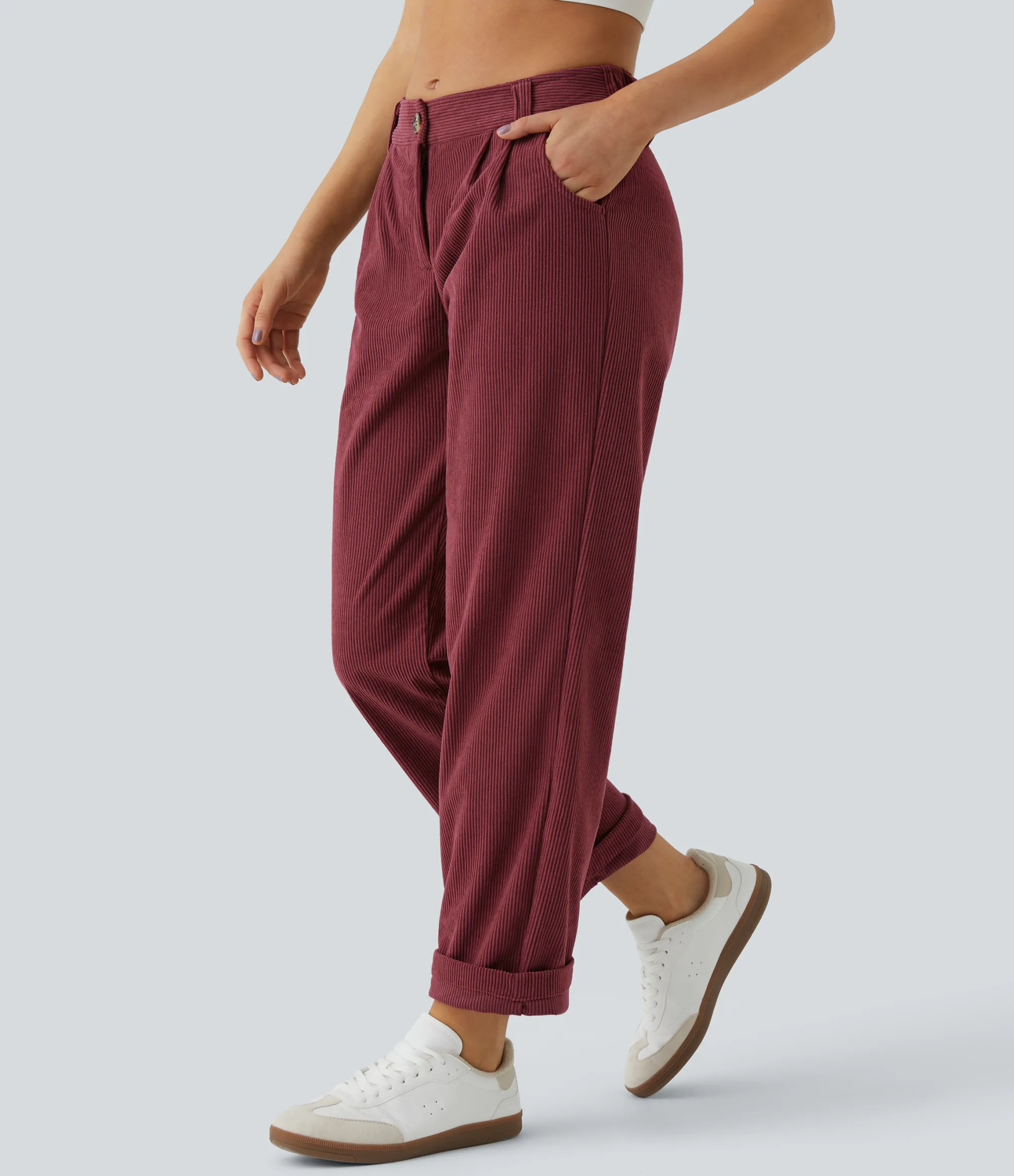 Pants<HALARA Mid Rise Zipper Pocket Corduroy Casual Pants