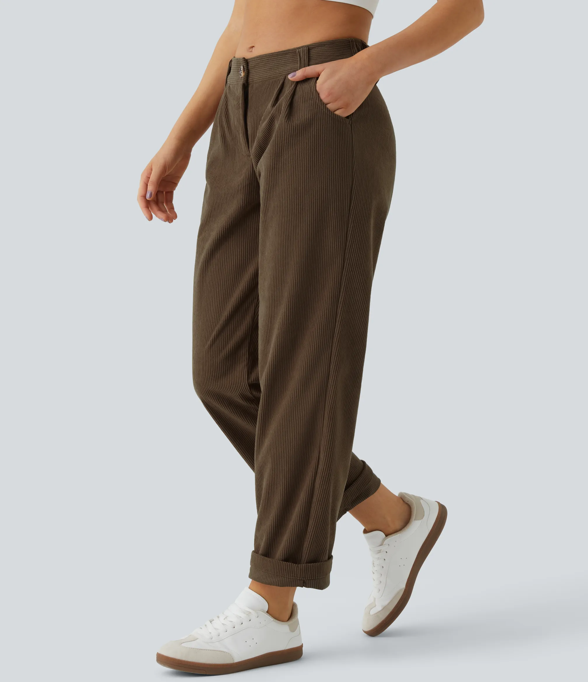 Pants<HALARA Mid Rise Zipper Pocket Corduroy Casual Pants