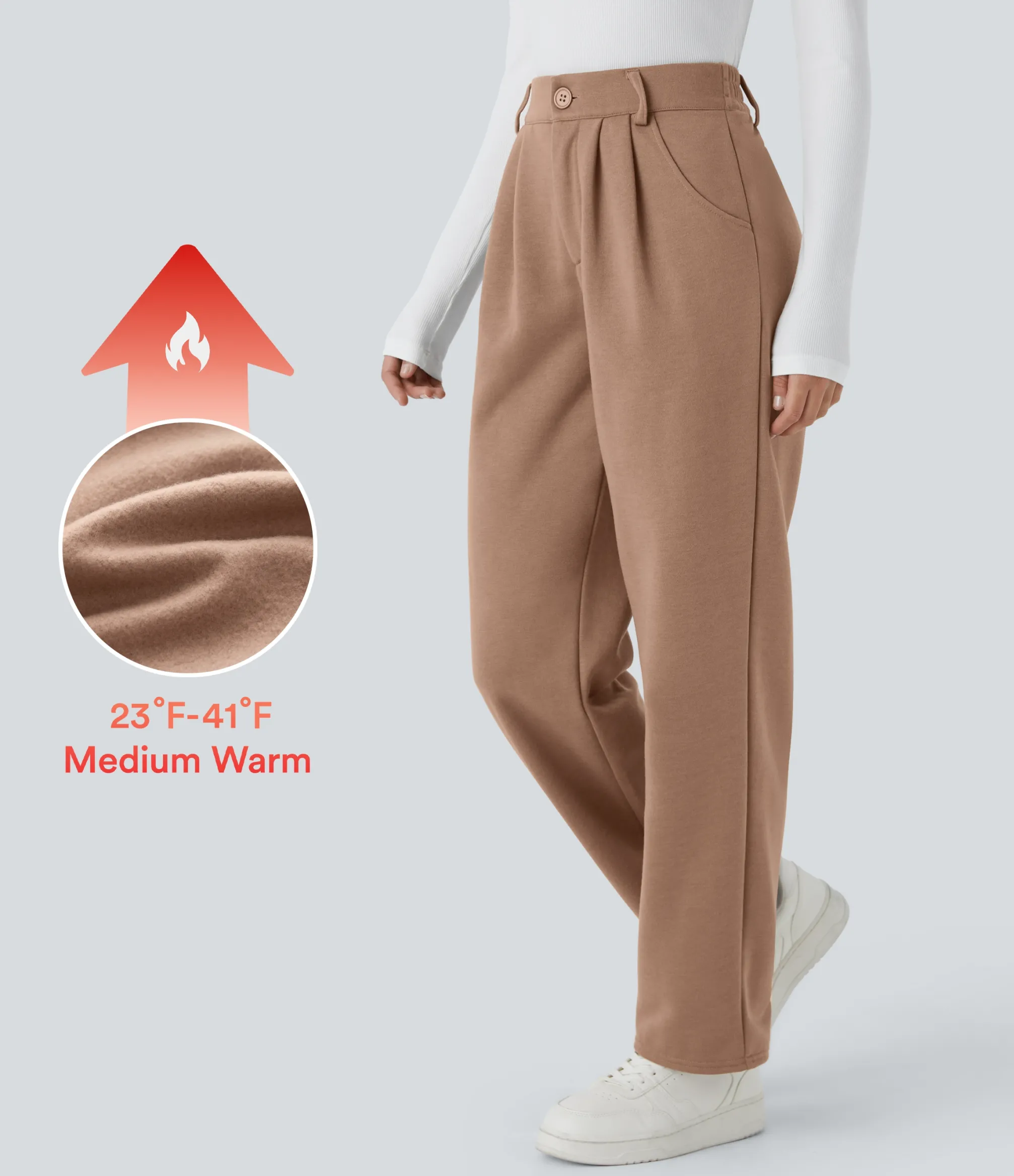 Pants<HALARA Mid Rise Zipper Pocket Fleece Casual Pants