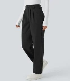 Pants<HALARA Mid Rise Zipper Pocket Fleece Casual Pants