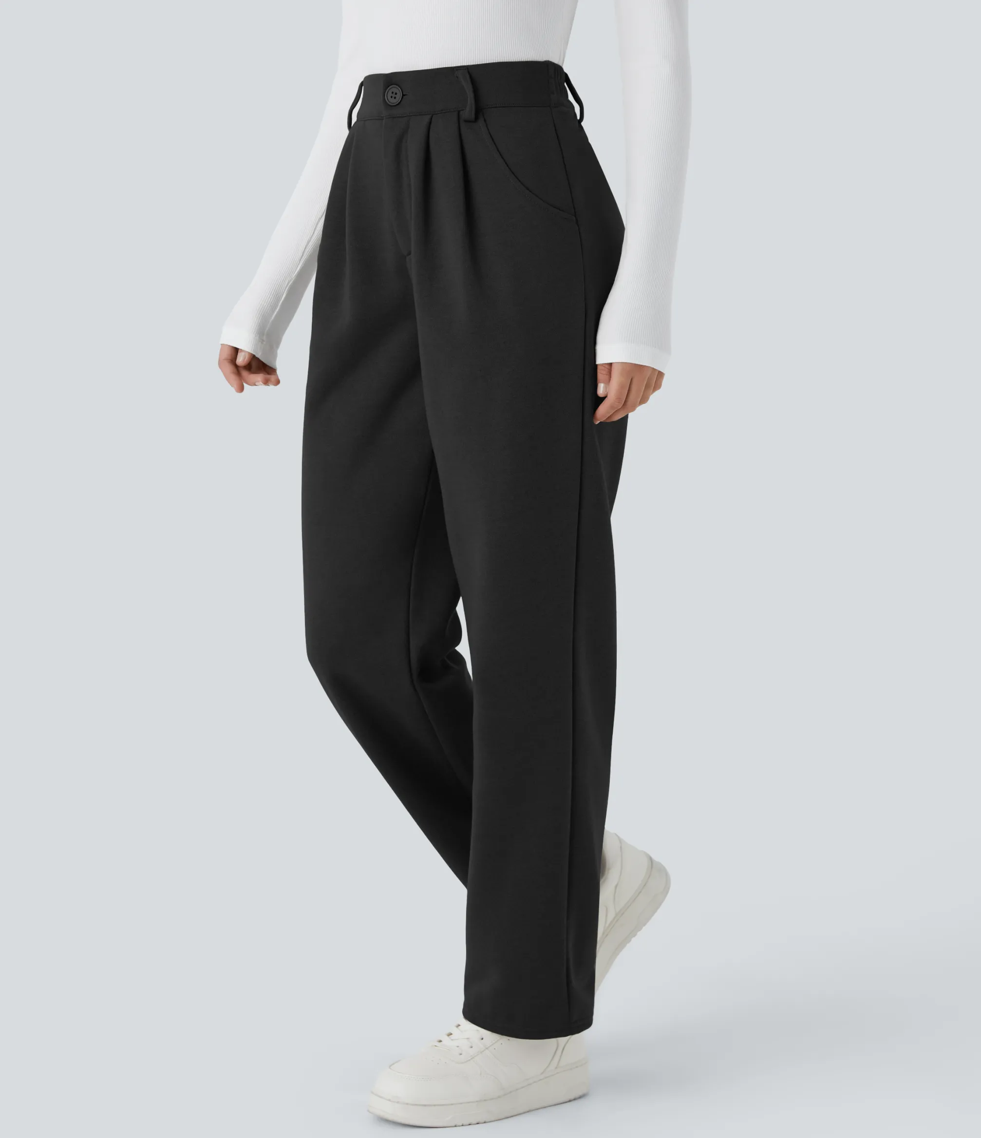 Pants<HALARA Mid Rise Zipper Pocket Fleece Casual Pants