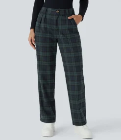 Straight-Leg Pants|Pants<HALARA Mid Rise Zipper Pocket Plaid Straight Leg Casual Pants