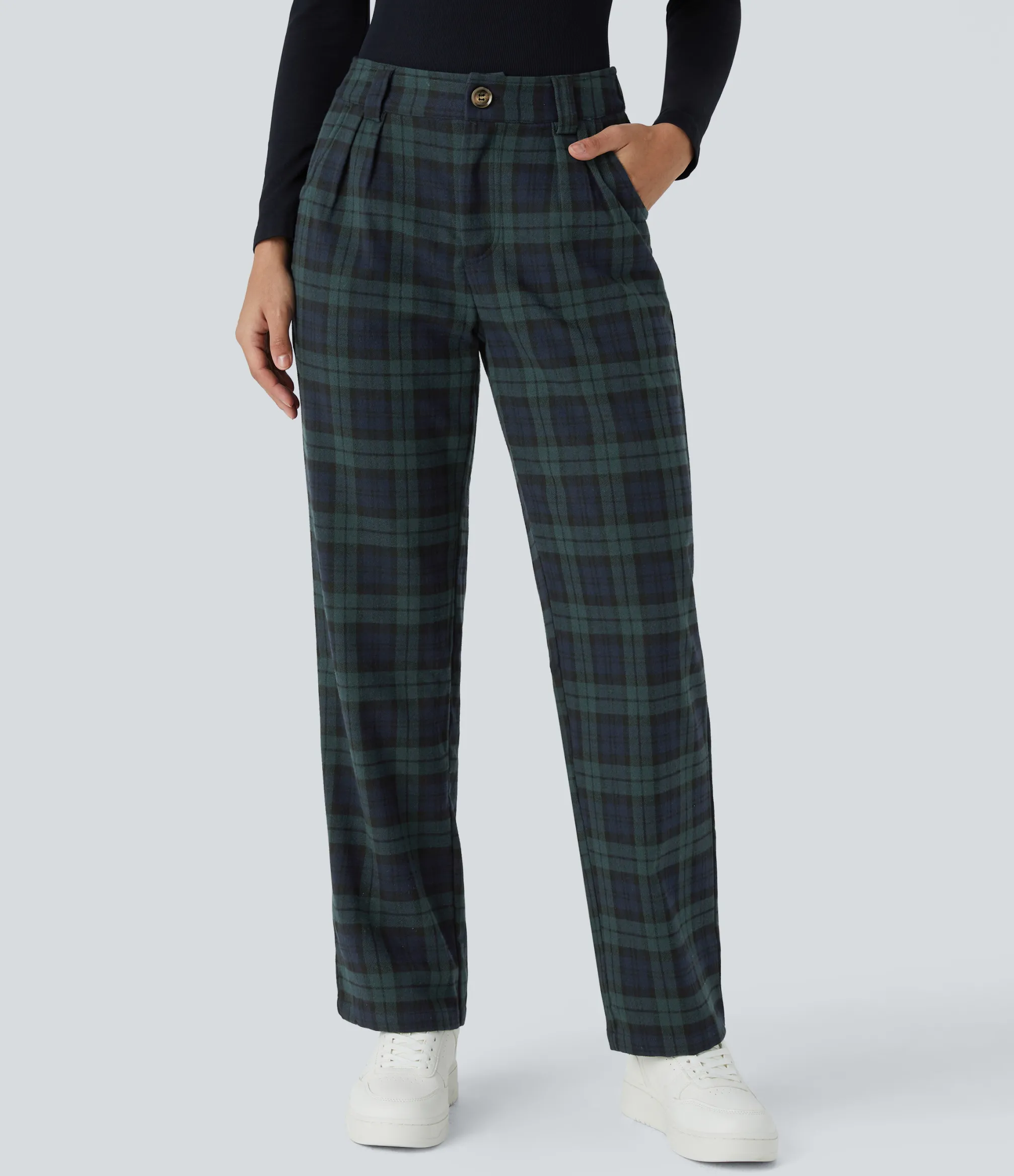 Straight-Leg Pants|Pants<HALARA Mid Rise Zipper Pocket Plaid Straight Leg Casual Pants