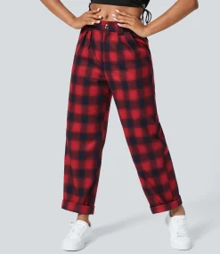 Straight-Leg Pants|Pants<HALARA Mid Rise Zipper Pocket Plaid Straight Leg Casual Pants