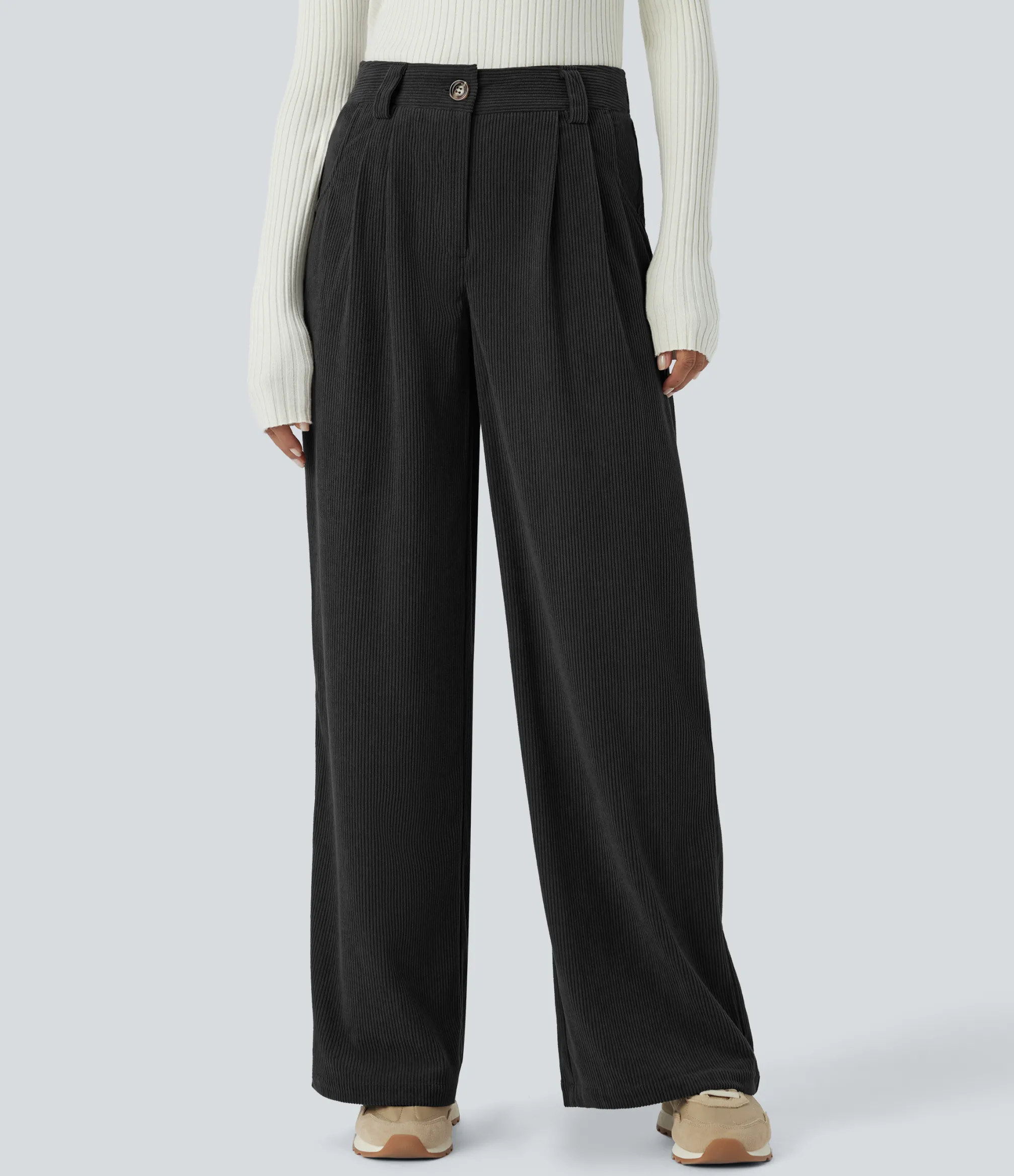 Pants|Wide-Leg Pants<HALARA Mid Rise Zipper Pocket Solid Corduroy Wide Leg Casual Pants