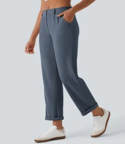Pants<HALARA Mid Rise Zipper Pocket Waffle Casual Pants