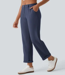 Pants<HALARA Mid Rise Zipper Pocket Waffle Casual Pants