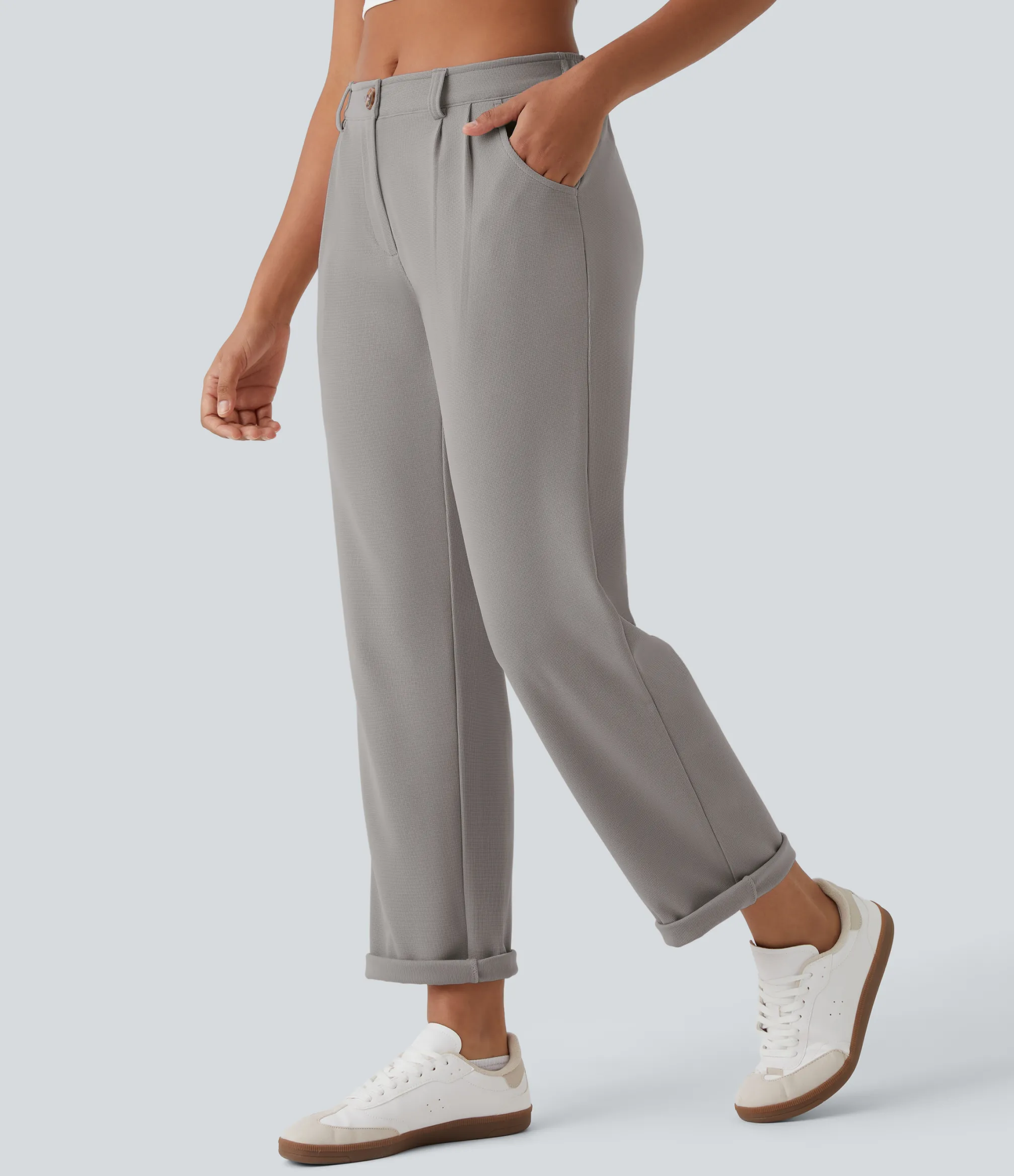 Pants<HALARA Mid Rise Zipper Pocket Waffle Casual Pants