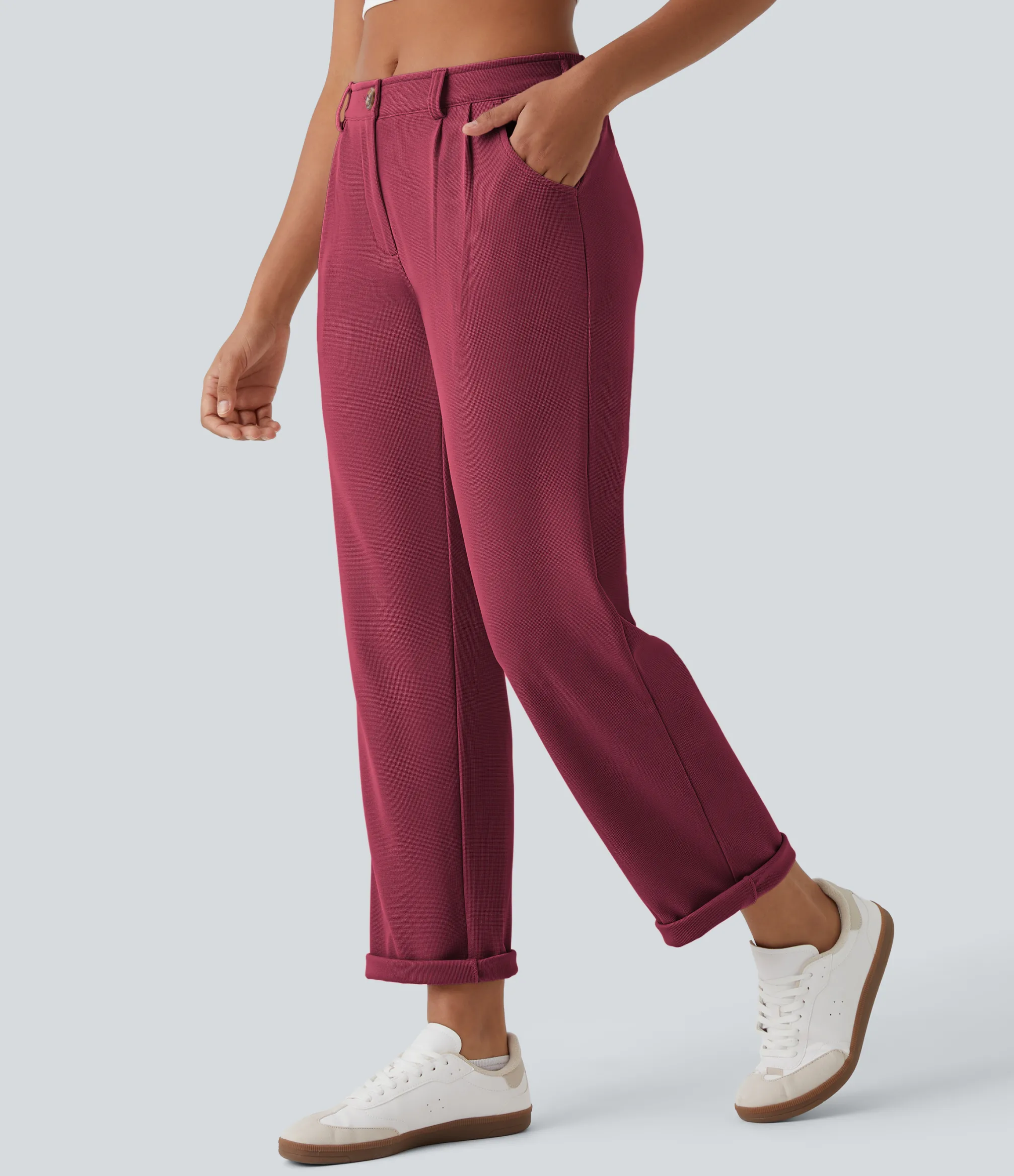 Pants<HALARA Mid Rise Zipper Pocket Waffle Casual Pants