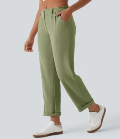 Pants<HALARA Mid Rise Zipper Pocket Waffle Casual Pants